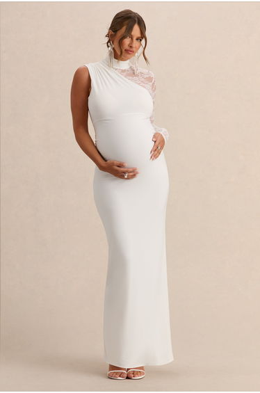 Hartley | White High-Neck Maternity Maxi Dress With Lace Detailing