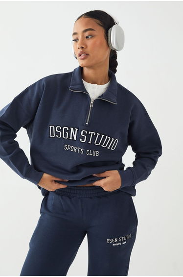 DSGN Studio Applique Oversized Half Zip Sweatshirt - navy