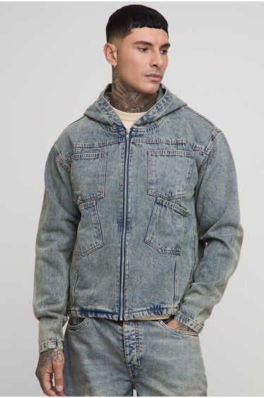 Tall Boxy Oversized Fit Tinted Denim Hoodie - vintage blue