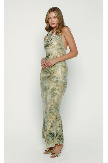 Olive Cowl Neck Devore Maxi Dress