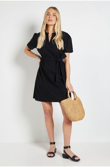 Petite Broderie Collarless Belted Shift Dress