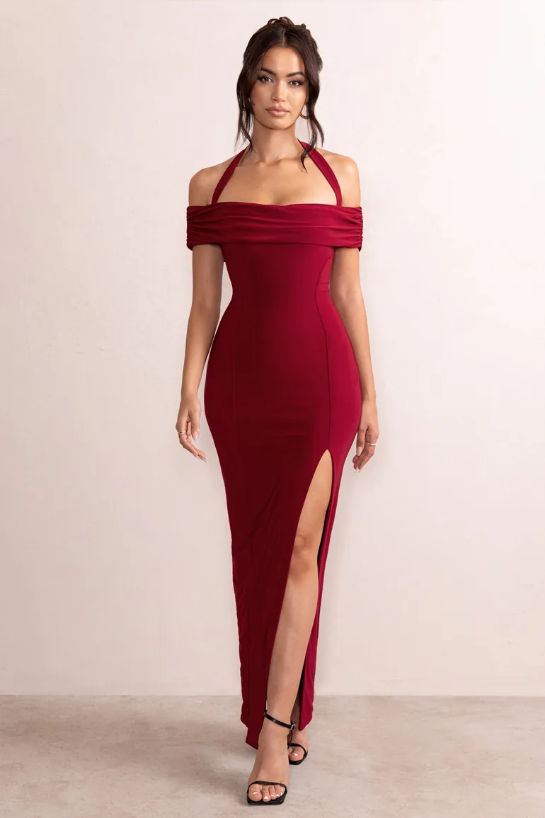 Shop Anisa | Burgundy Halter Neck Bardot Maxi Dress With Thigh Split Online in Bahrain Shop Anisa | Burgundy Halter Neck Bardot Maxi Dress With Thigh Split Online in Bahrain