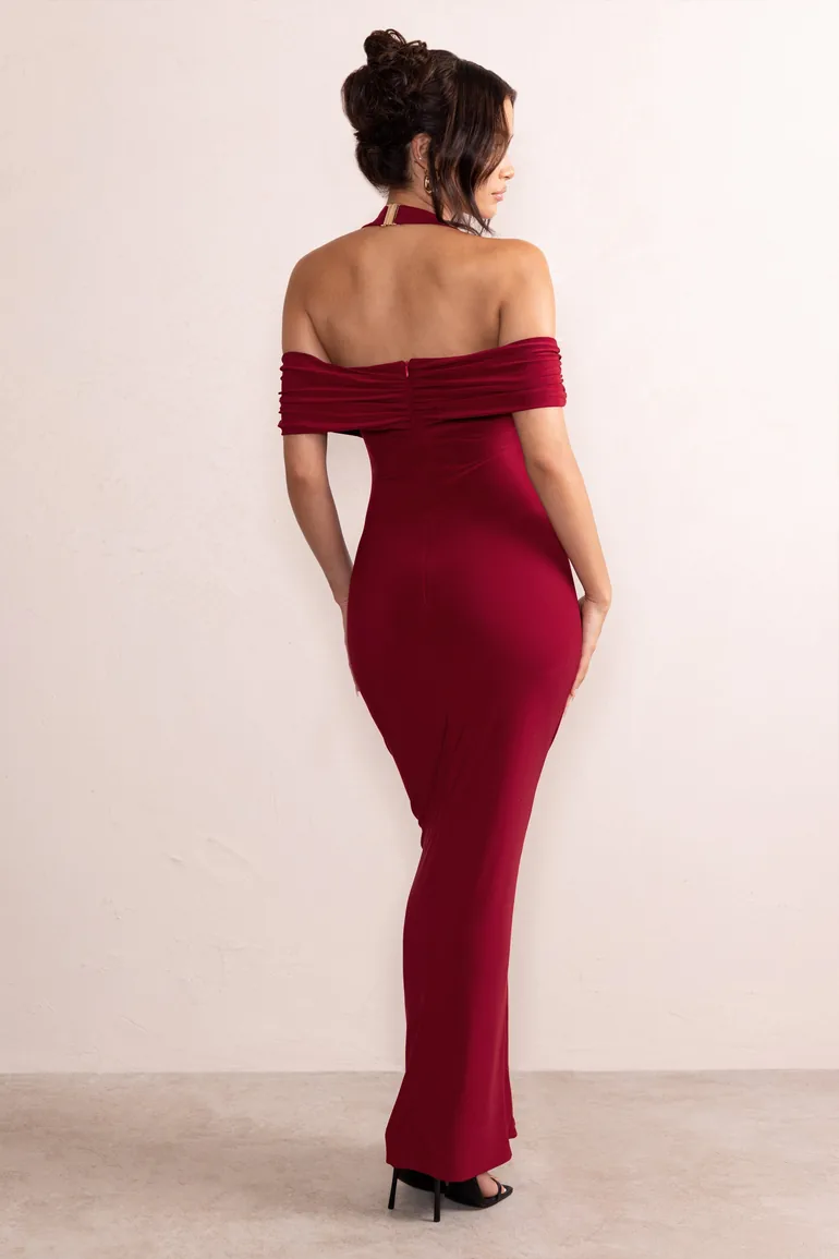 polka dot burgundy dress Sexy Thigh Split Strapless Burgundy Satin Prom Dresses with Pockets FD   Viniodress