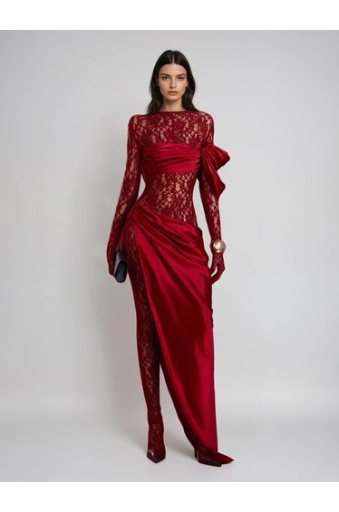 Rendris Long Sleeve Lace Maxi Dress In Wine