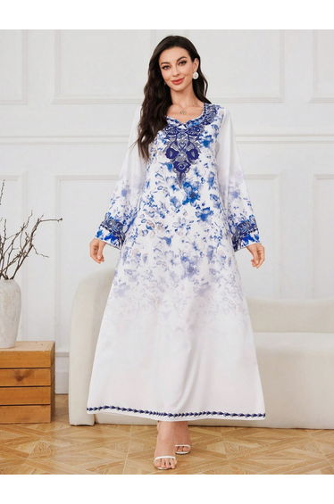 Floral Print Long Sleeve Maxi Jalabiya