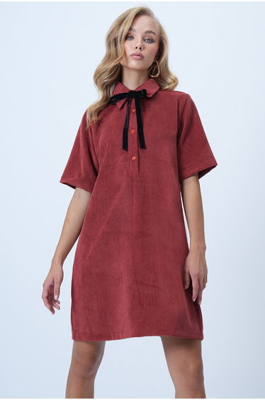 Women's Tile Polo Neck Half Placket Button Textured Velvet Mini Dress