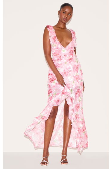 Pink Floral Chiffon Plunge Strappy Maxi Dress