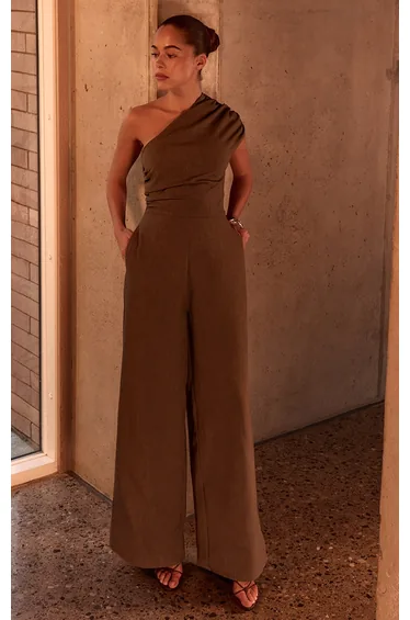 PLT Label Dark Taupe Asymmetric Ruched Wide Leg Jumpsuit