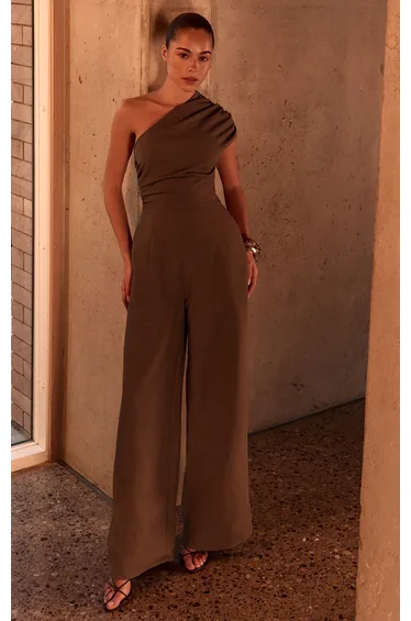PLT Label Dark Taupe Asymmetric Ruched Wide Leg Jumpsuit