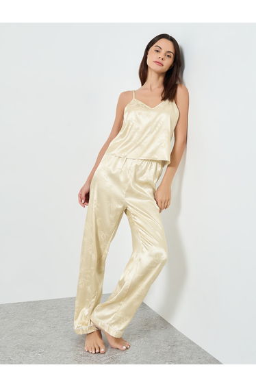 Beige Jacquard Satin Cami and Pyjama Set