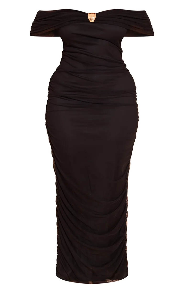 mesh ruched bardot maxi dress Chocolate Warehouse Mesh Ruched Bardot Maxi Dress