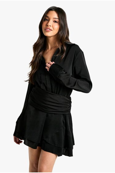 Satin Ruched Shirt Dress