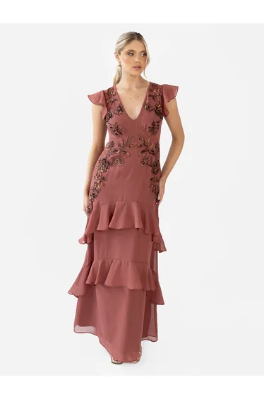 Maya Copper Rose Embellished V Neck Ruffle Maxi Dress