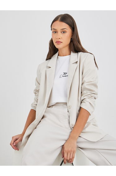 Women Cream Regular Fit Regular Length Linen Look Blazer