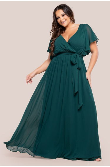 Flutter Sleeve Wrap Maxi Dress - Emerald Green by Goddiva Plus
