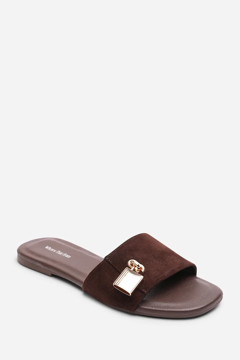 Solana Gold Trim Flat Dark Brown Suede Slide On Sandal - 2