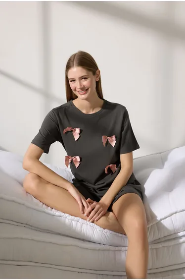 Anthracite 100% Cotton Ribbon/Bow Knitted Pajama Set with Shorts