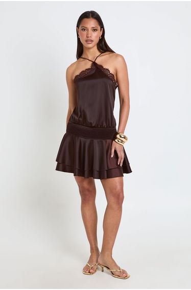 Satin & Lace Drop Hem Mini Dress - chocolate