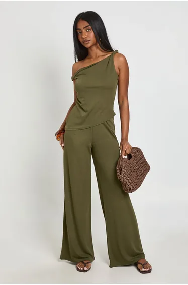 Crepe Off The Shoulder Wide Leg Co ord - khaki