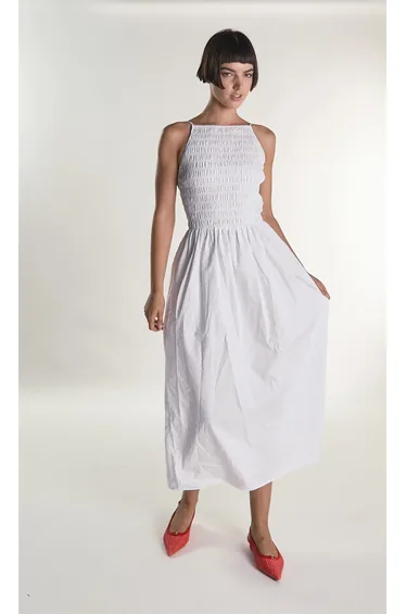 White Shirring Body Boat Neck Maxi Dress