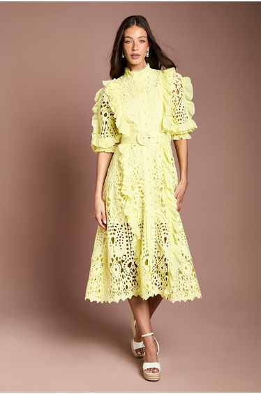 Lace Ruffle Shirt Dress With Tie