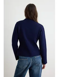Navy Blue Polo Collar Mandarin Button Detailed Knitwear Cardigan - 3