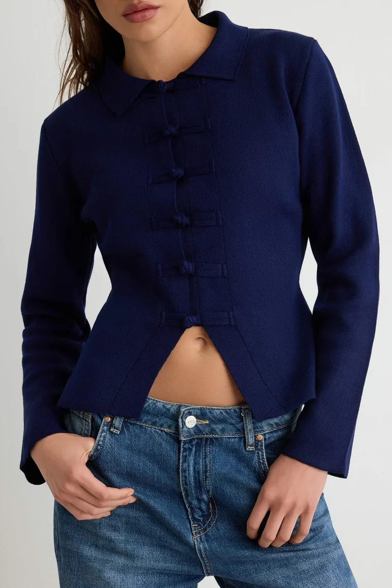 Navy Blue Polo Collar Mandarin Button Detailed Knitwear Cardigan - 2