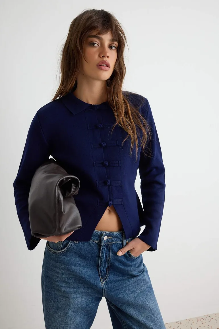 Navy Blue Polo Collar Mandarin Button Detailed Knitwear Cardigan - 1