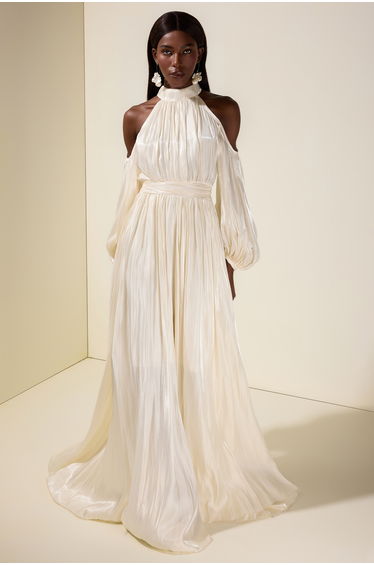 Satin Off-Shoulder Gathering Maxi Dress With Belt