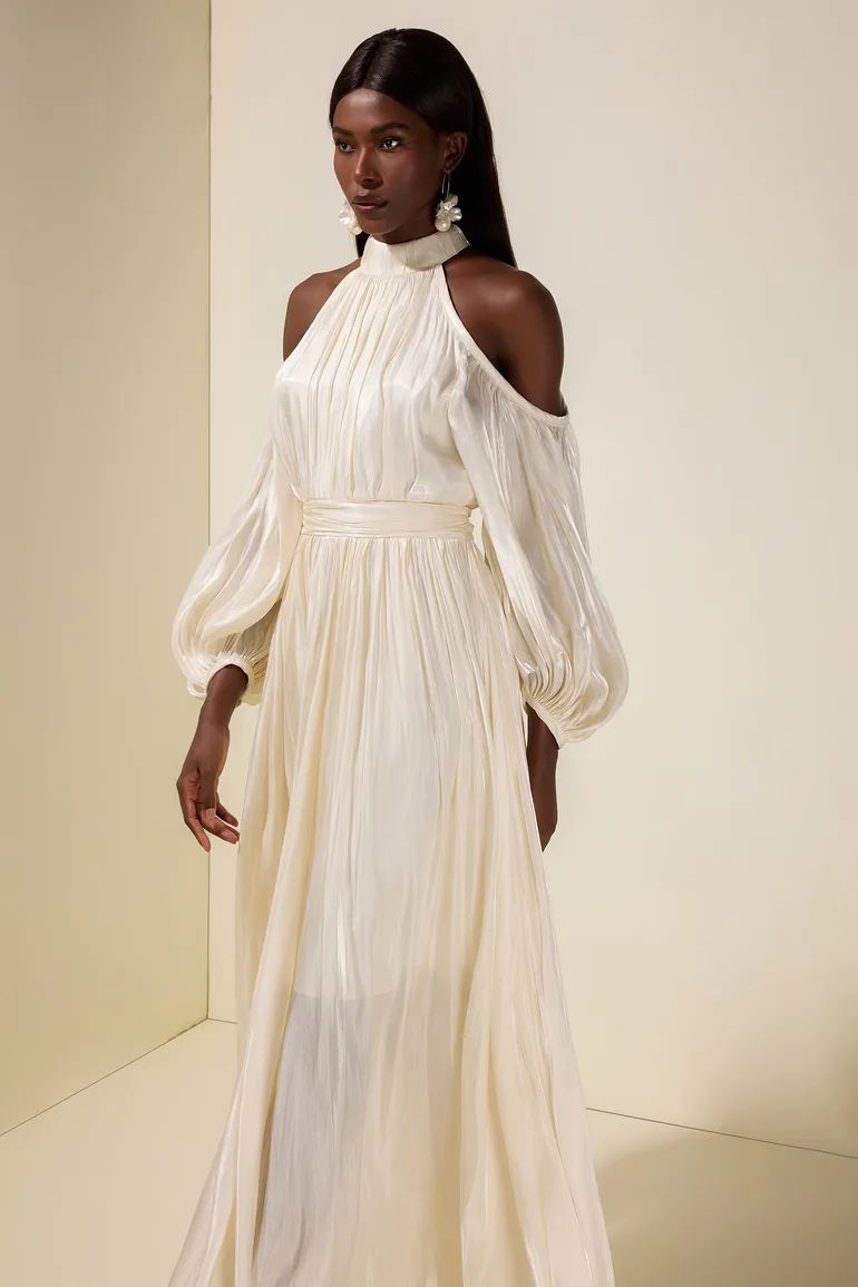 Satin Off-Shoulder Gathering Maxi Dress With Belt - 3