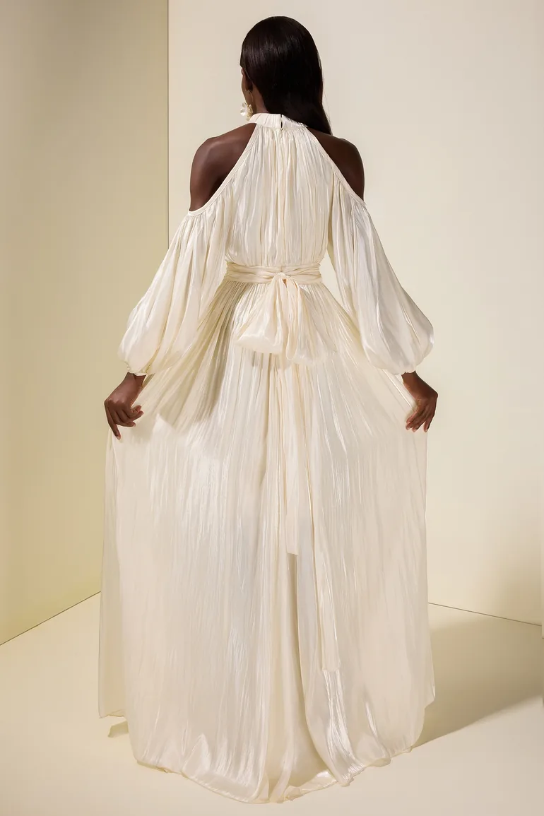 Satin Off-Shoulder Gathering Maxi Dress With Belt - 1