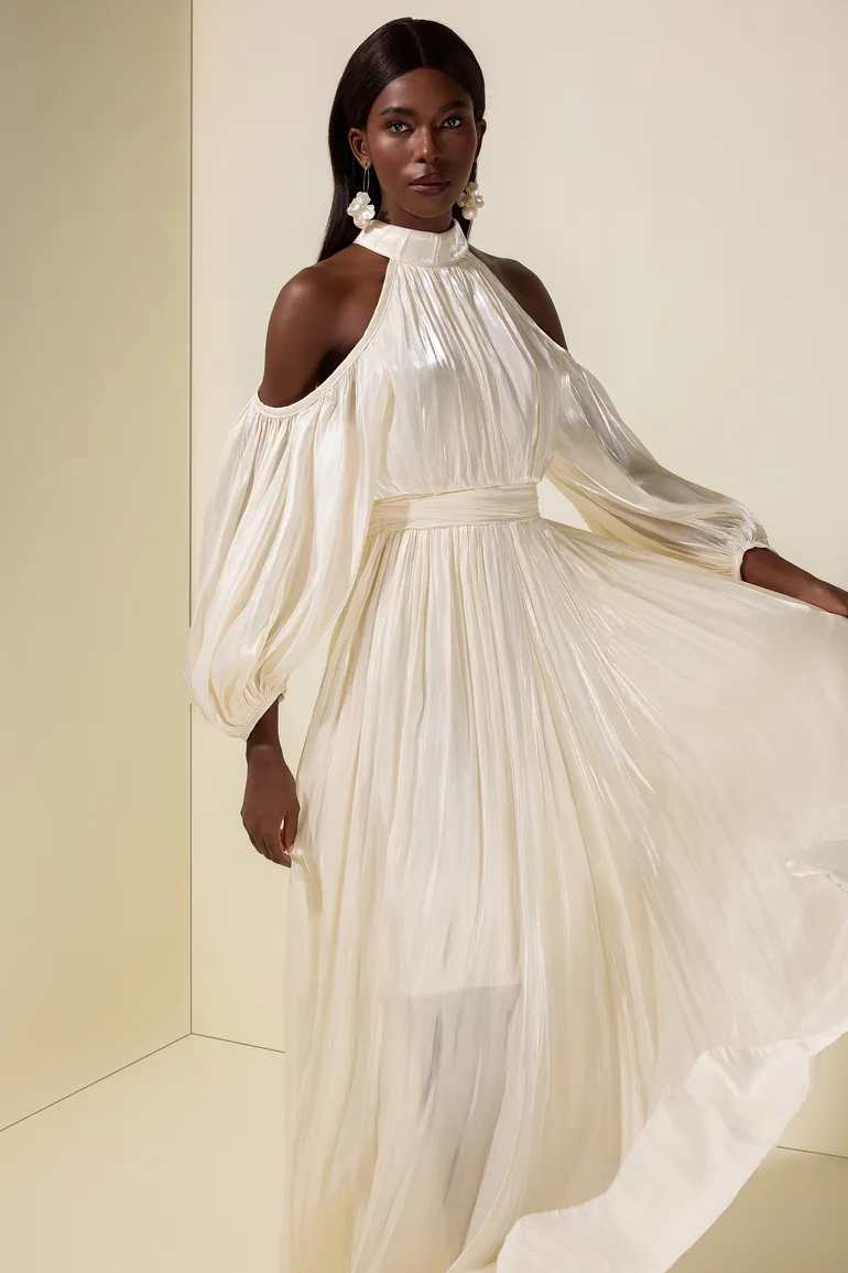 Satin Off-Shoulder Gathering Maxi Dress With Belt - 2