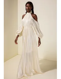 Satin Off-Shoulder Gathering Maxi Dress With Belt - 5