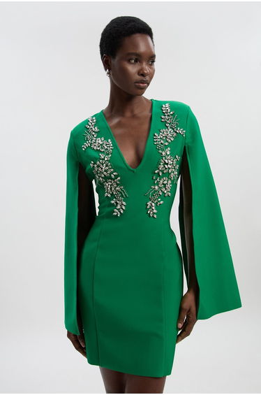 Bandage Form Fitting Cape Sleeve Embellished Mini Dress