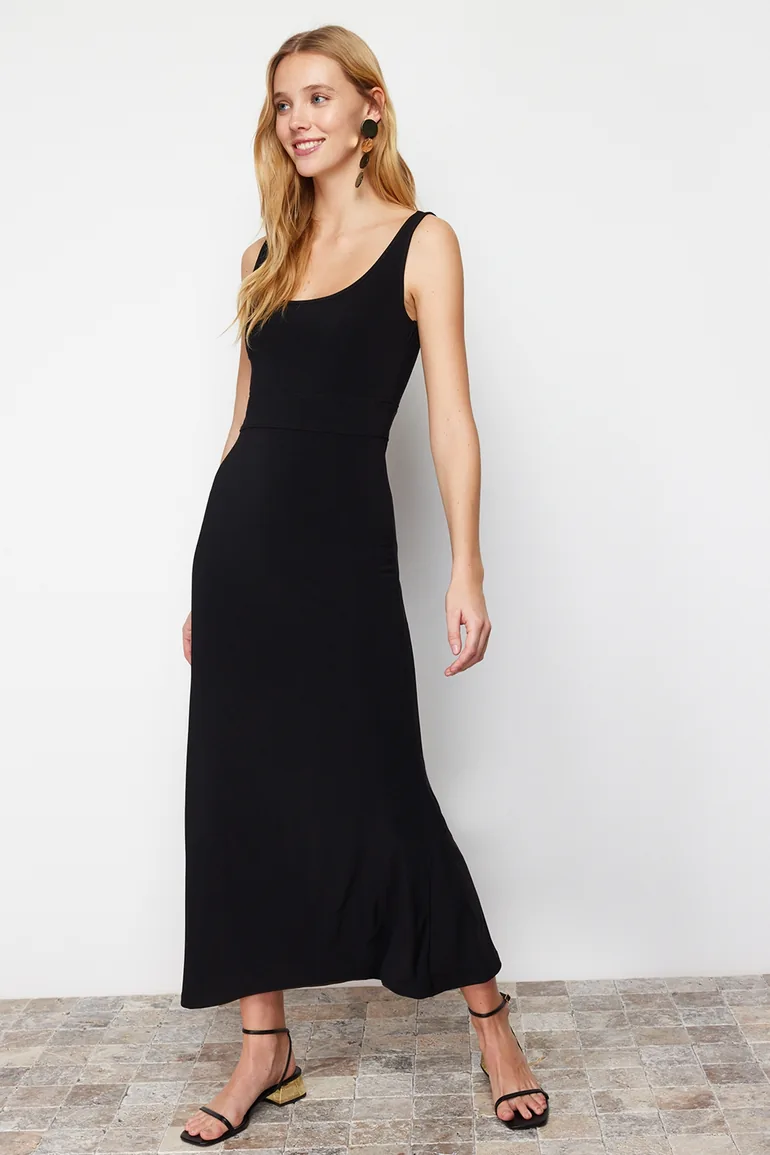 Black Strap Skater/Waist Open Elastic Knitted Maxi Dress - 2