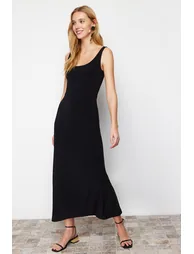 Black Strap Skater/Waist Open Elastic Knitted Maxi Dress - 2