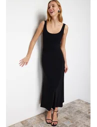 Black Strap Skater/Waist Open Elastic Knitted Maxi Dress - 1