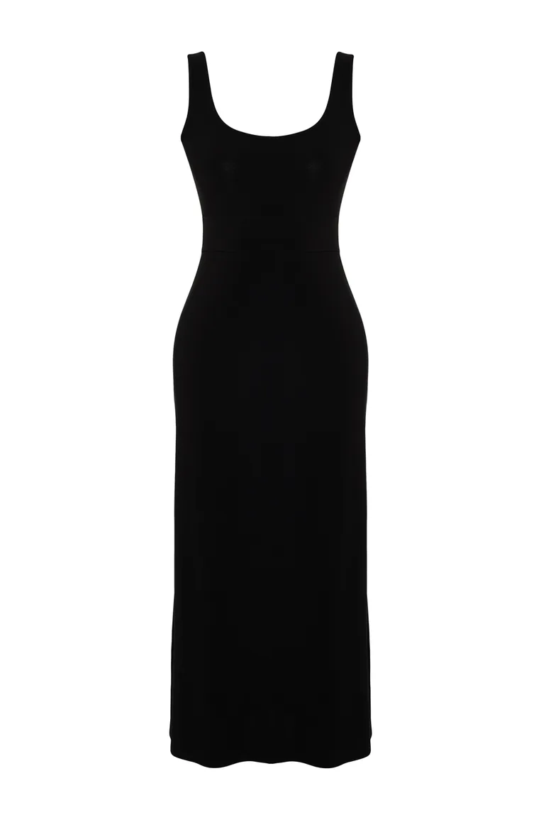 Black Strap Skater/Waist Open Elastic Knitted Maxi Dress - 5