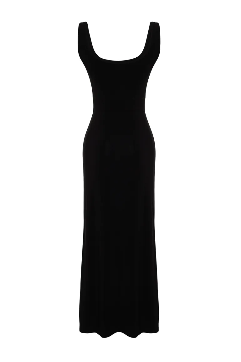 Black Strap Skater/Waist Open Elastic Knitted Maxi Dress - 6