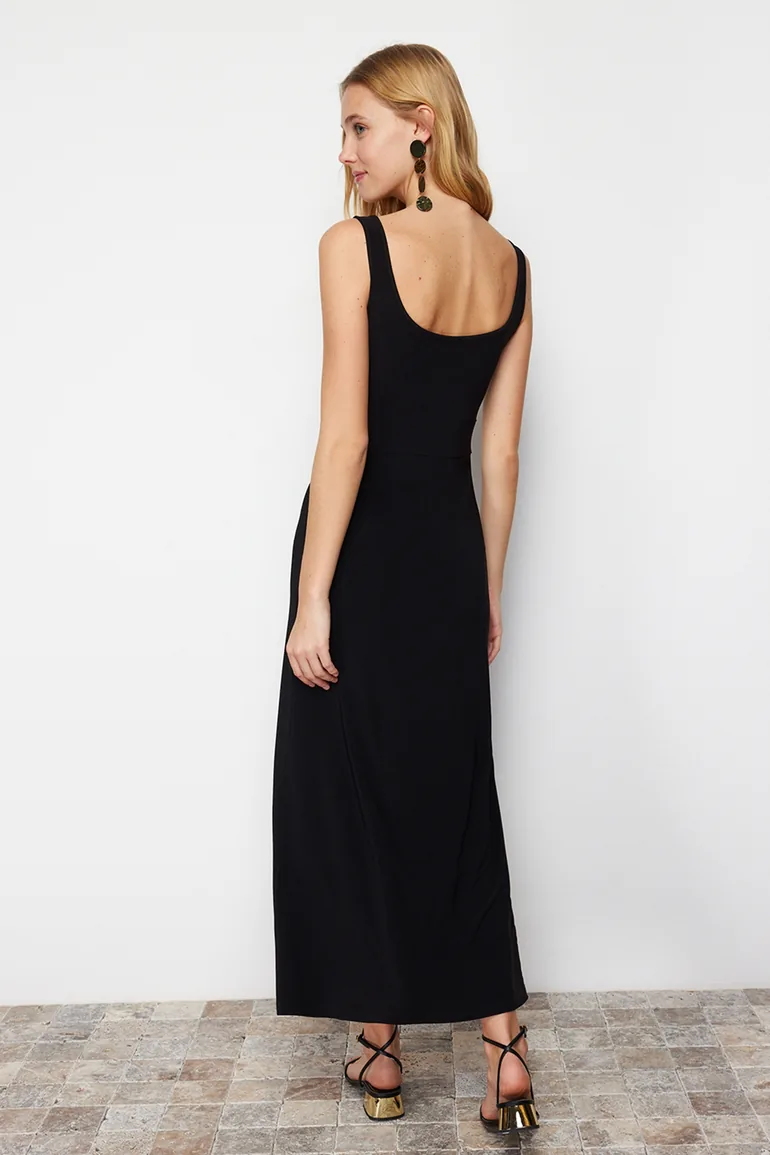 Black Strap Skater/Waist Open Elastic Knitted Maxi Dress - 4