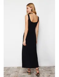 Black Strap Skater/Waist Open Elastic Knitted Maxi Dress - 4