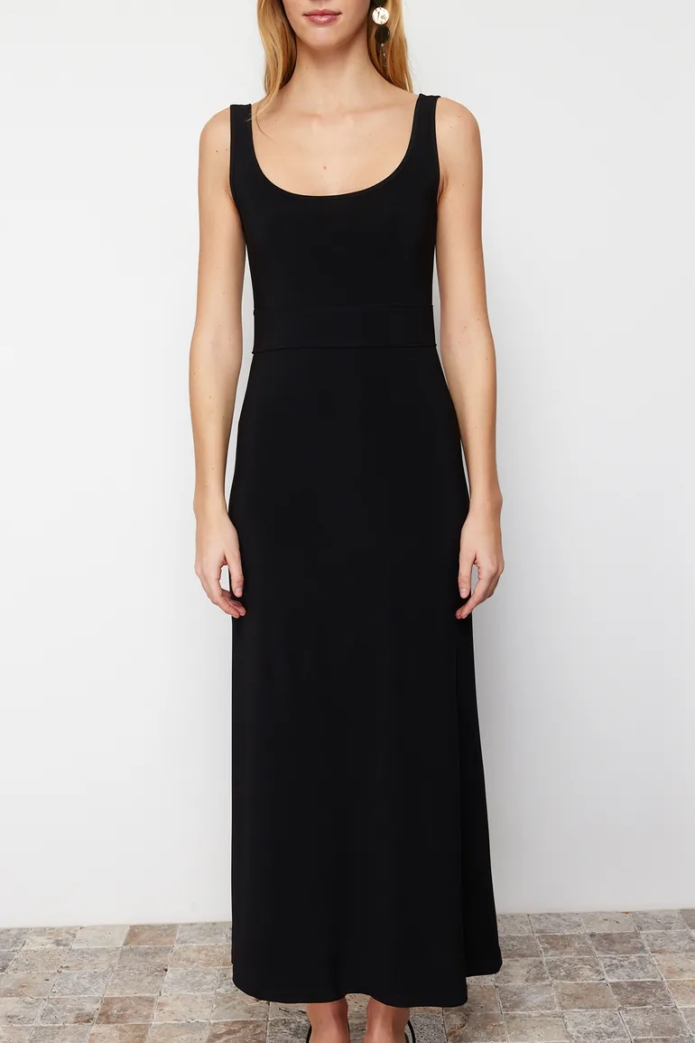 Black Strap Skater/Waist Open Elastic Knitted Maxi Dress - 3