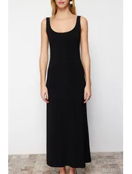 Black Strap Skater/Waist Open Elastic Knitted Maxi Dress - 3