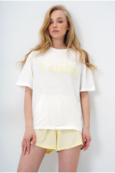 Butter Yellow Front Text Printed Cotton Basic T-Shirt and Shorts Combed Cotton Bottom Top Set