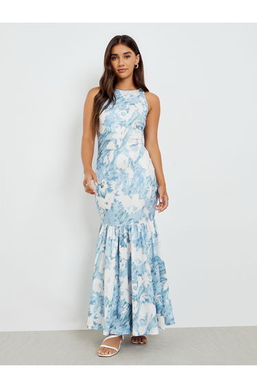 Blue Floral Sleeveless Mermaid Hem Maxi Dress