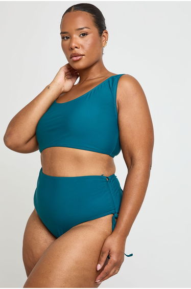 Plus Tummy Control Ruched High Waist Bikini Bottom - teal