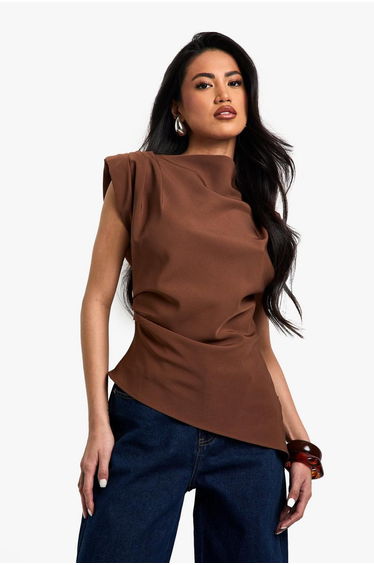 Gathered Shoulder Pad Asymmetric Blouse - chocolate
