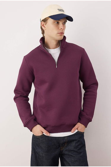 Plum regular/normal cut high neck zippered warm basic sweatshirt