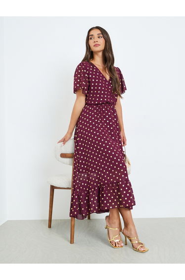 Women Burgundy Polka Dot Print A-Line Maxi Dress