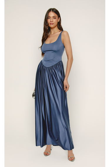 Steel Blue Curved Waist Maxi Dress